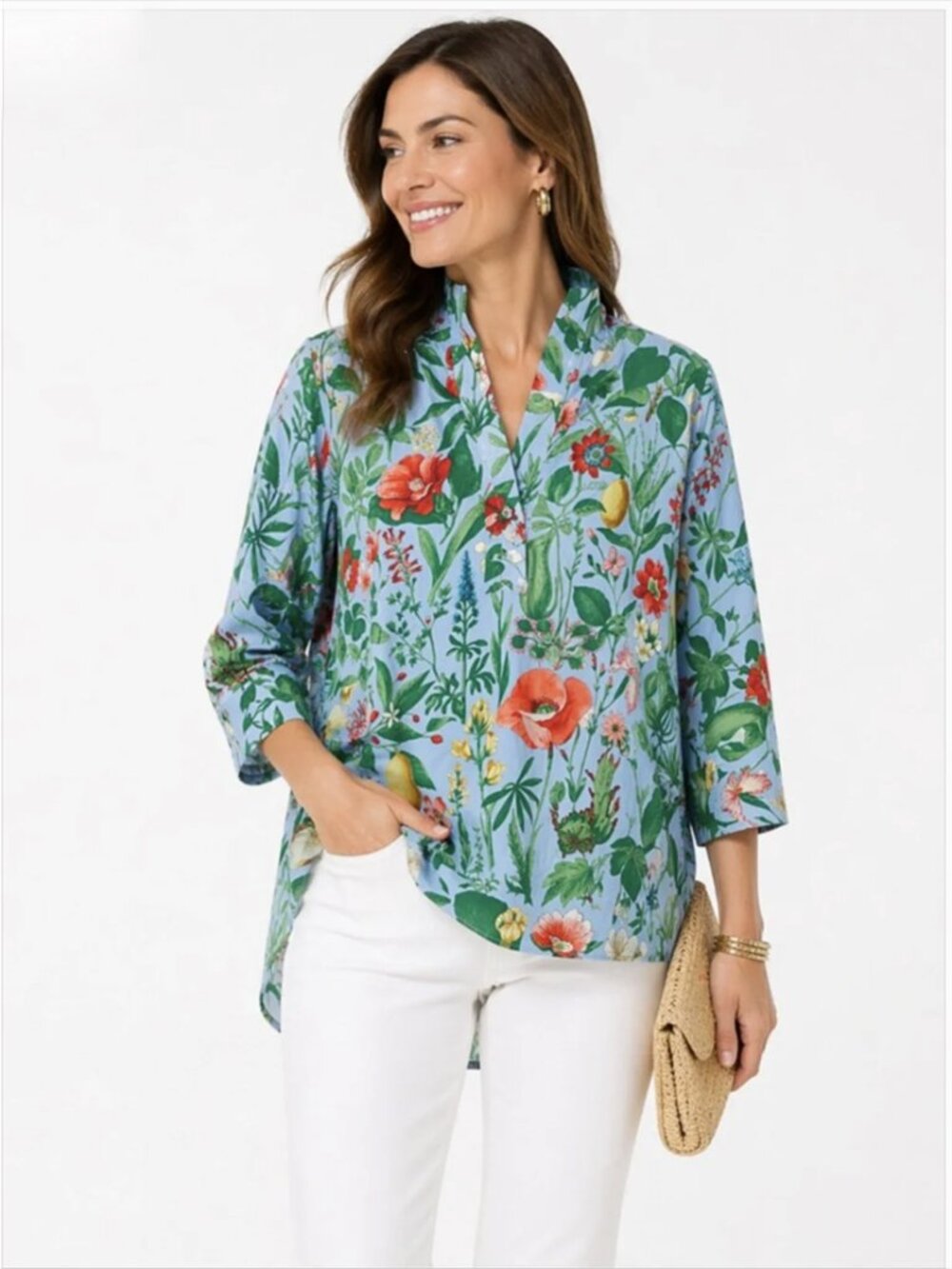 Tuckernuck Willow Blouse L Floral Botanical V-Neck Tunic Top Stand Collar Resort
